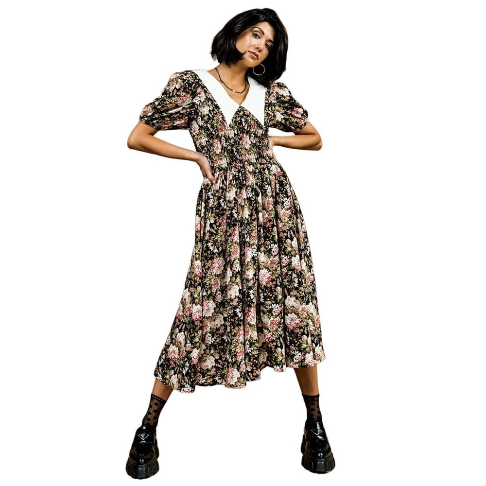 LIKE NEW En Saison Forever Dreaming Midi Dress Women's Size S Floral Puff Sleeve